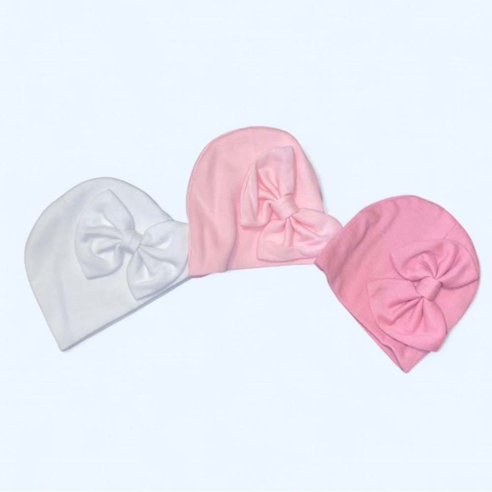 Charming Kids Bow Beanie Trio - White, Pink, Dark Pink
